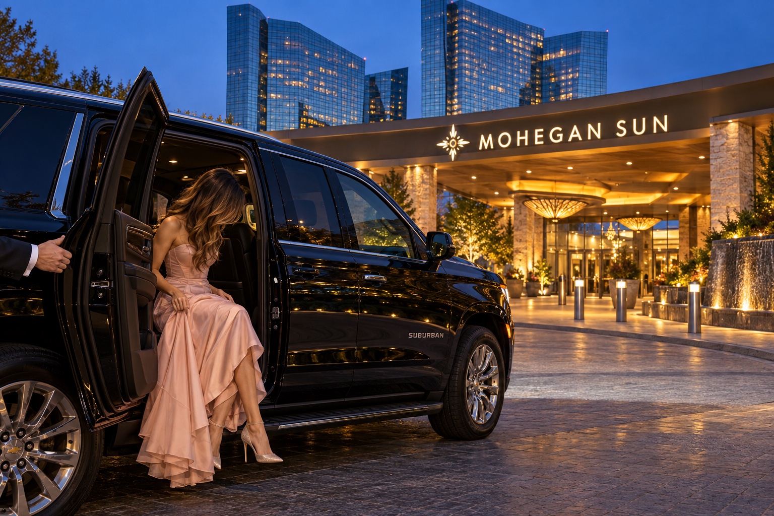 A woman in an elegant pink dress stepping out of a black SUV at a Mohegan Sun entrance, with her face hidden by her hair
