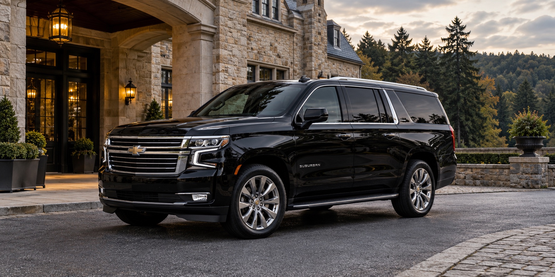 Black Chevrolet Suburban outside an elegant stone hotel