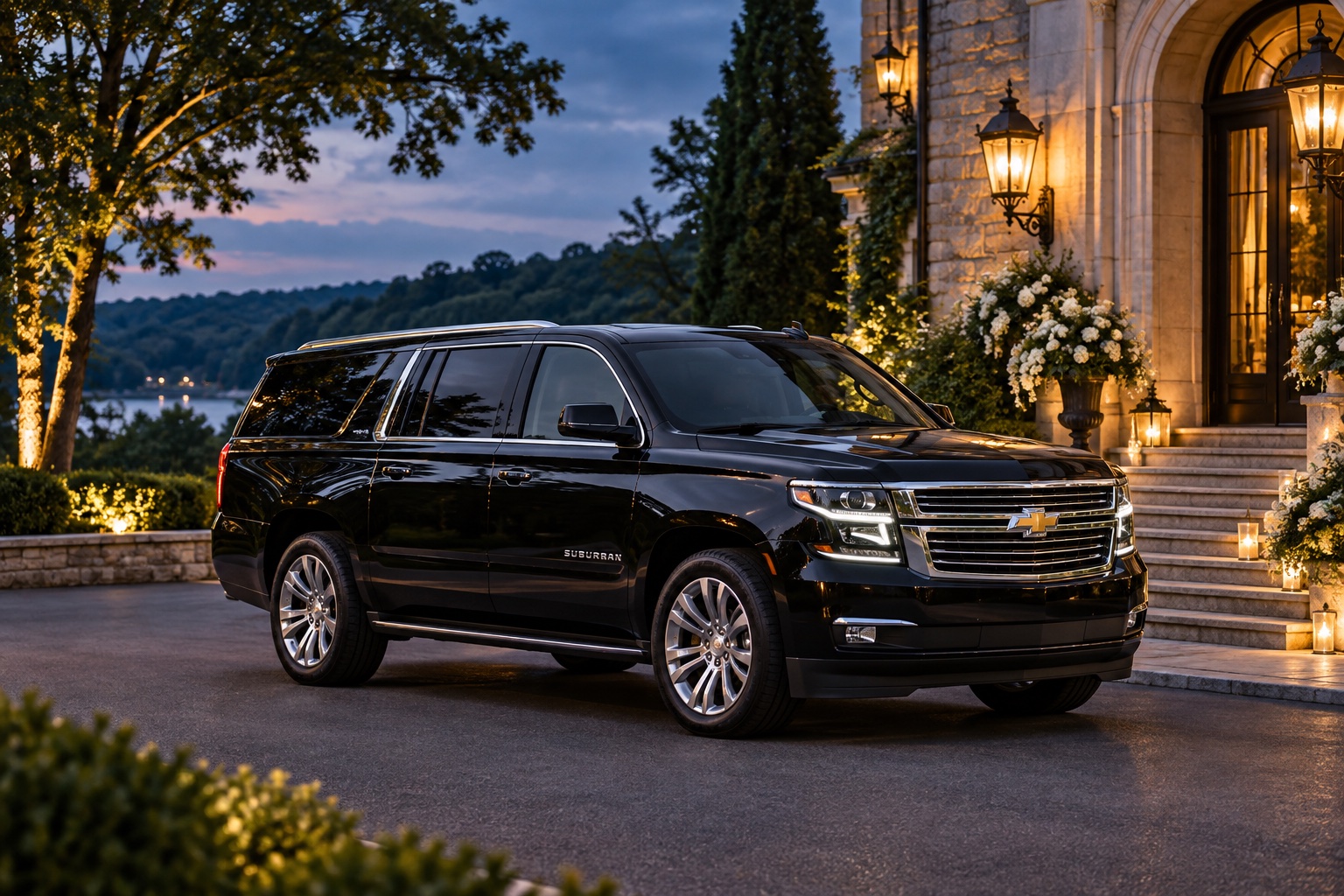 Black Chevrolet Suburban outside an illuminated event venue