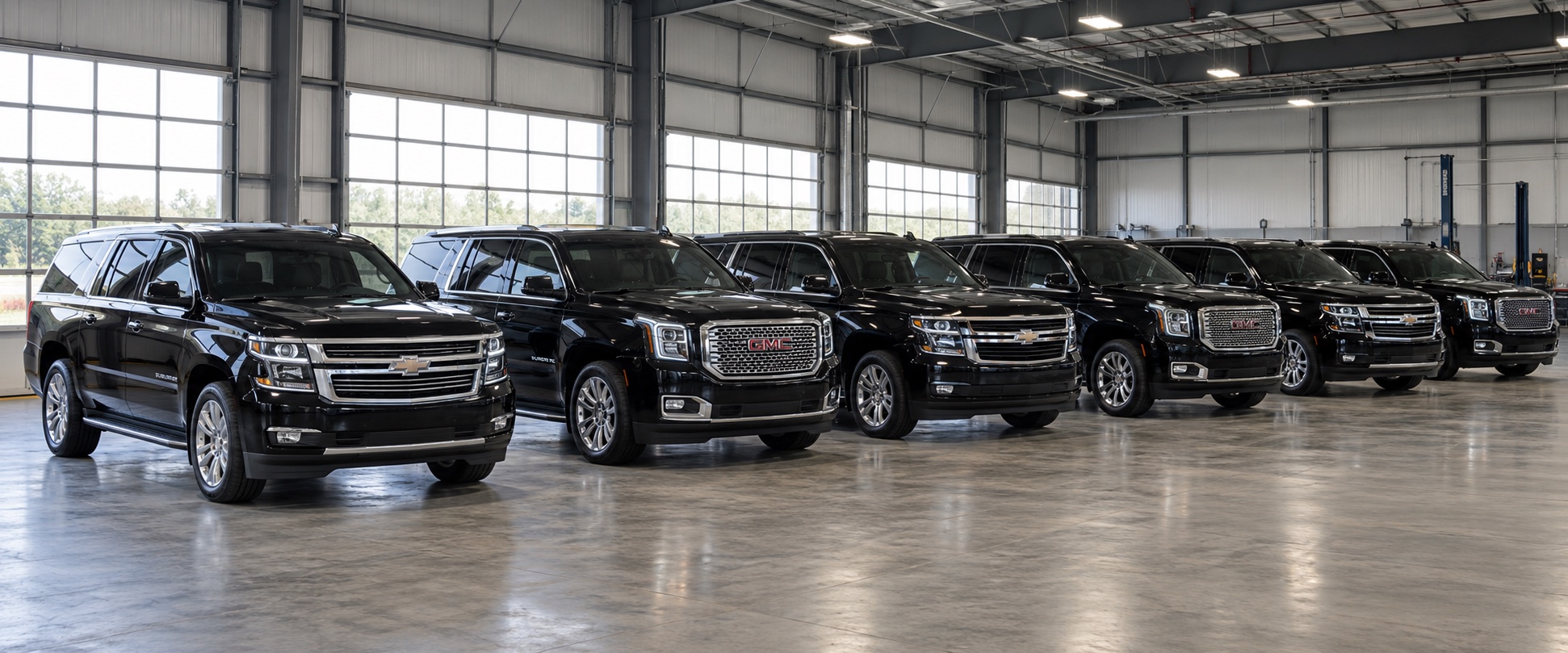 Six black Chevrolet and GMC SUVs lined up inside a spacious warehouse garage